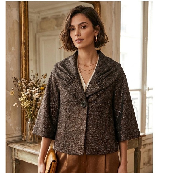 Beth Bowley Jackets & Blazers - Anthropologie -Beth Bowley Vintage Bronze Metallic Wool Jacket Portrait Collar 8